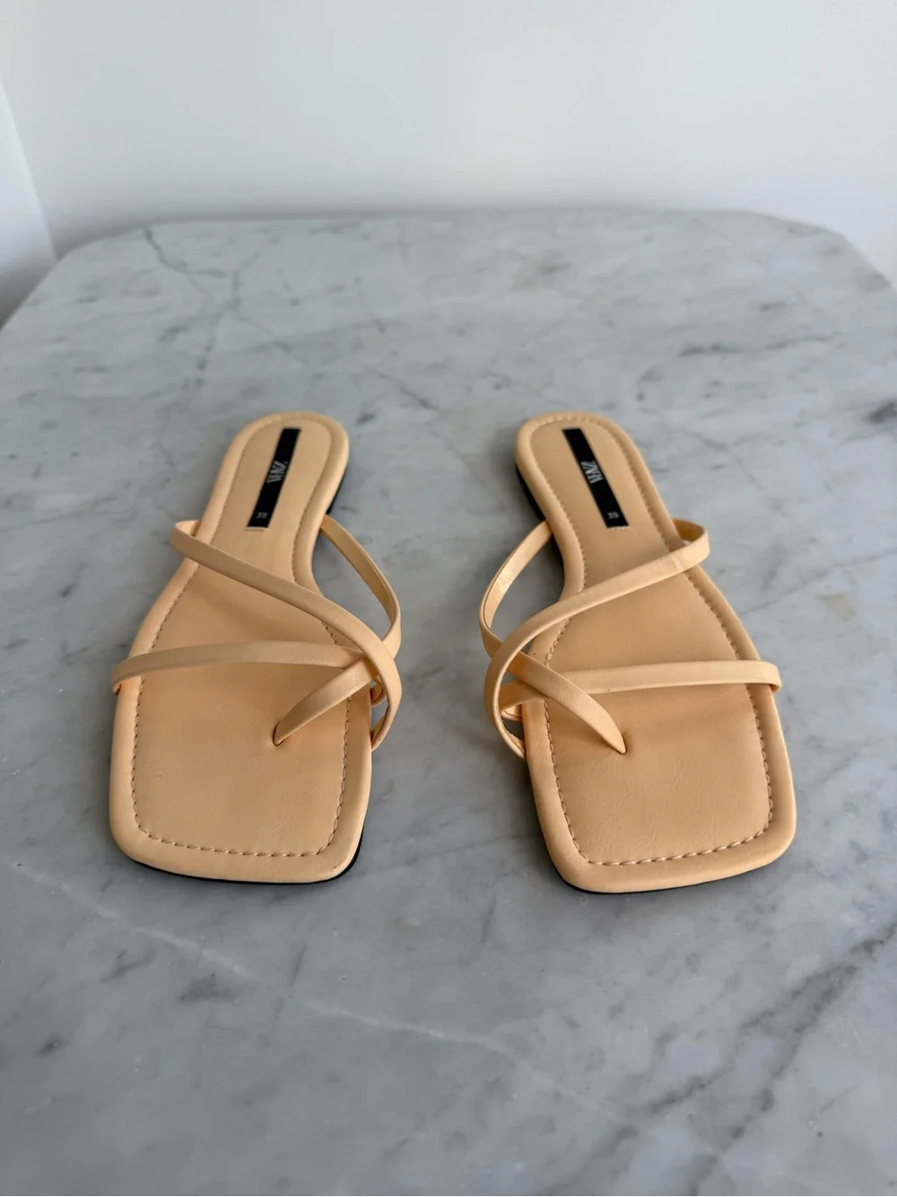 ZARA Nude Minimalist Strappy Flat Sandals Square Toe Beige Size 8 - Picture 2 of 5